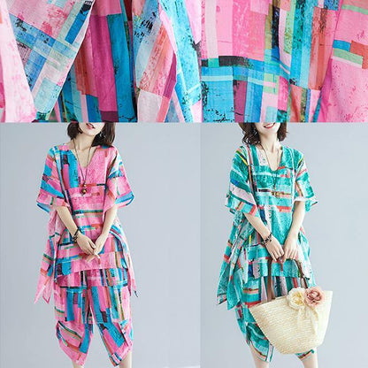 Summer Dress Art Green Print Shirt + Cotton and Linen Seven Points Pants