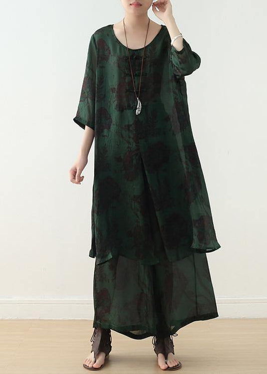 Summer Green Chinese Button Print O Neck Silk Satin Top Wide Leg Pants Two Piece