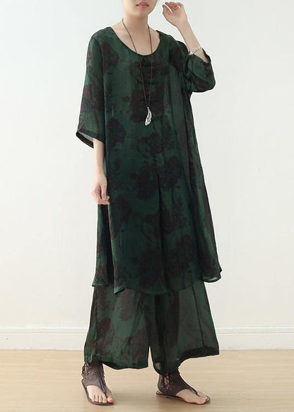 Summer Green Chinese Button Print O Neck Silk Satin Top Wide Leg Pants Two Piece