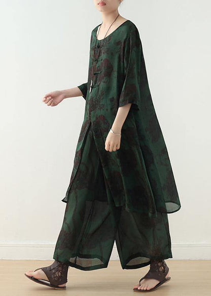 Summer Green Chinese Button Print O Neck Silk Satin Top Wide Leg Pants Two Piece