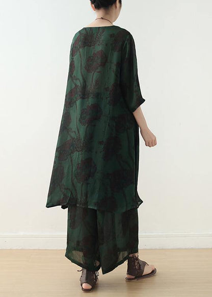 Summer Green Chinese Button Print O Neck Silk Satin Top Wide Leg Pants Two Piece