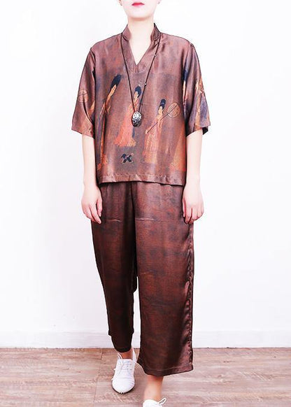 Summer New Brown Print Loose Loose Shirt + Wide Leg Pants Set