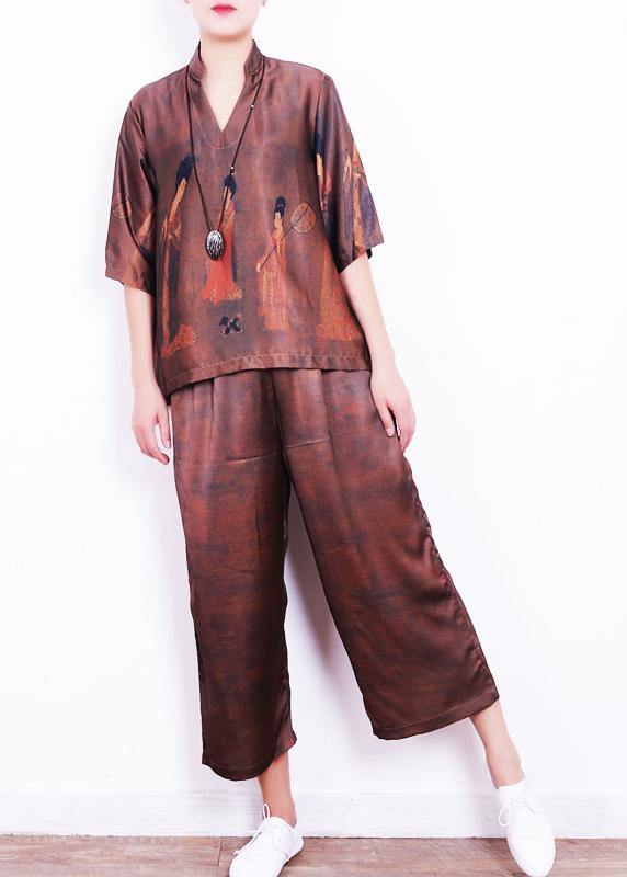 Summer New Brown Print Loose Loose Shirt + Wide Leg Pants Set