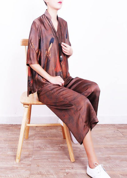Summer New Brown Print Loose Loose Shirt + Wide Leg Pants Set