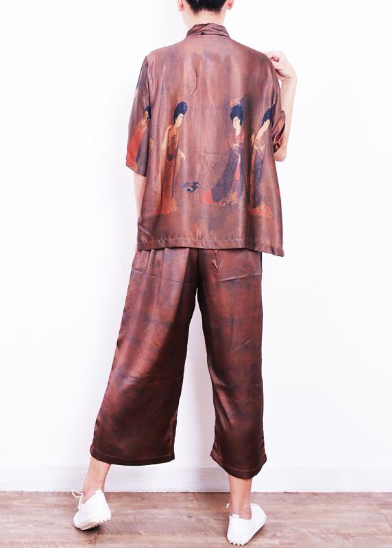 Summer New Brown Print Loose Loose Shirt + Wide Leg Pants Set