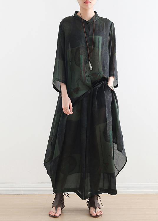 Summer New Green Print Suit Long Silk Wide-leg Pants Two-piece Suit