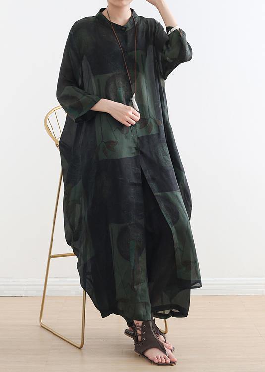 Summer New Green Print Suit Long Silk Wide-leg Pants Two-piece Suit