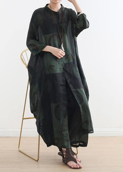 Summer New Green Print Suit Long Silk Wide-leg Pants Two-piece Suit