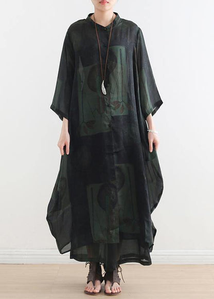 Summer New Green Print Suit Long Silk Wide-leg Pants Two-piece Suit