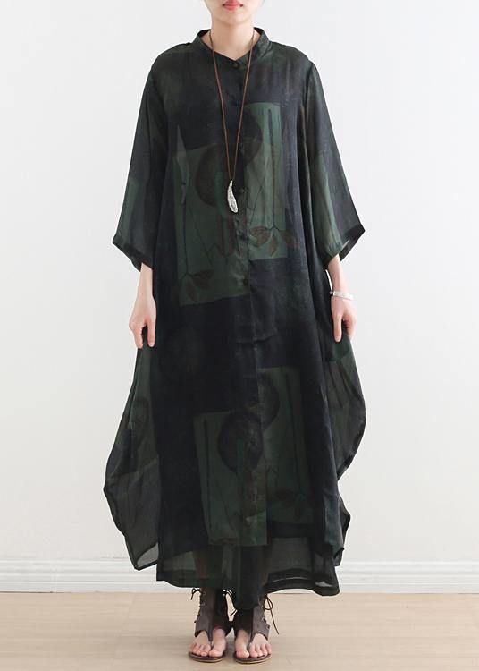 Summer New Green Print Suit Long Silk Wide-leg Pants Two-piece Suit