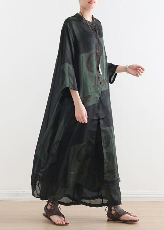 Summer New Green Print Suit Long Silk Wide-leg Pants Two-piece Suit