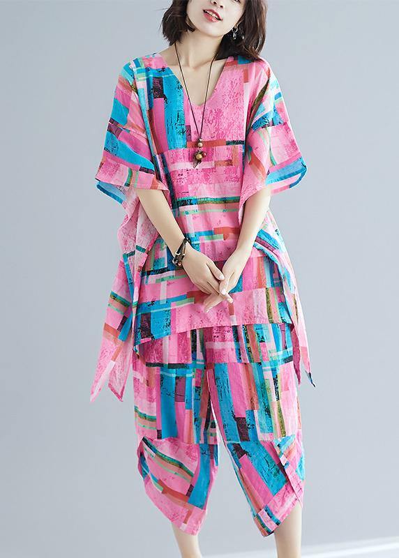 Summer New Large Size Art Pink Print Plus Long T-shirt + Cotton and Linen Seven Points Pants