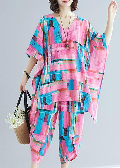 Summer New Large Size Art Pink Print Plus Long T-shirt + Cotton and Linen Seven Points Pants