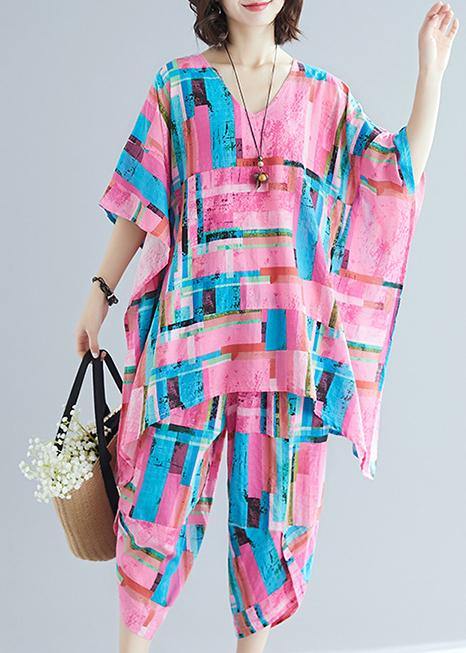 Summer New Large Size Art Pink Print Plus Long T-shirt + Cotton and Linen Seven Points Pants