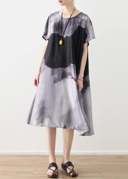 Summer New Loose Large Size Retro Temperament Gray Ink Printing Chiffon Fragrant Cloud Forging Dress