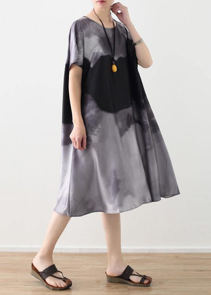 Summer New Loose Large Size Retro Temperament Gray Ink Printing Chiffon Fragrant Cloud Forging Dress