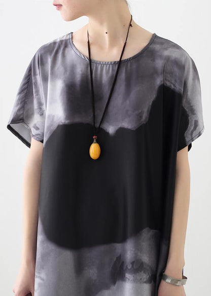 Summer New Loose Large Size Retro Temperament Gray Ink Printing Chiffon Fragrant Cloud Forging Dress