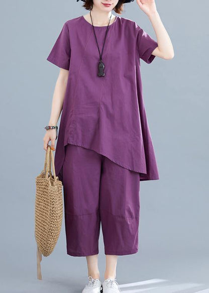 Summer New Loose Large Size Purple Irregular Short-sleeved Shirt + Pants Cotton and Linen