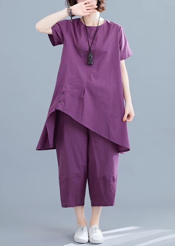 Summer New Loose Large Size Purple Irregular Short-sleeved Shirt + Pants Cotton and Linen