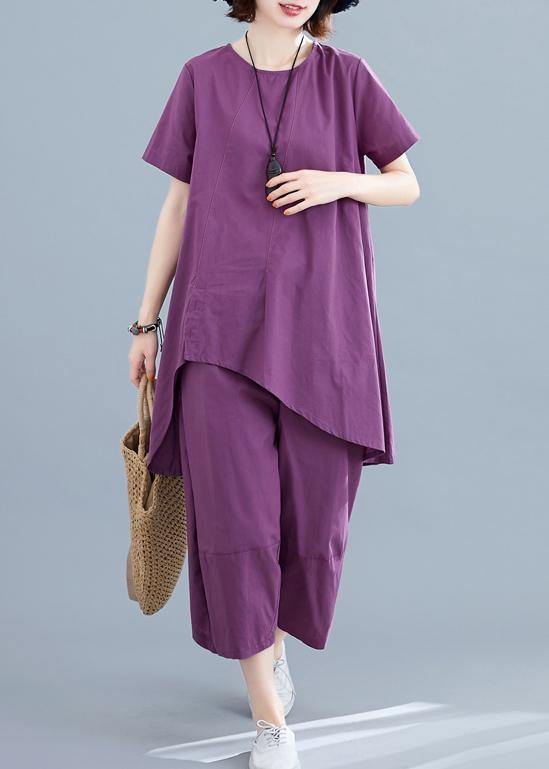 Summer New Loose Large Size Purple Irregular Short-sleeved Shirt + Pants Cotton and Linen