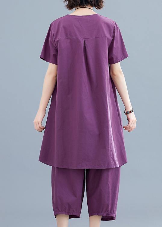 Summer New Loose Large Size Purple Irregular Short-sleeved Shirt + Pants Cotton and Linen
