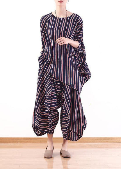 Summer New Red and Blue Striped Loose Large Size Bat Sleeve Shirt Bloomers Suit