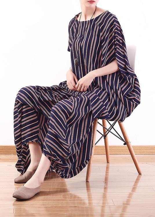 Summer New Red and Blue Striped Loose Large Size Bat Sleeve Shirt Bloomers Suit