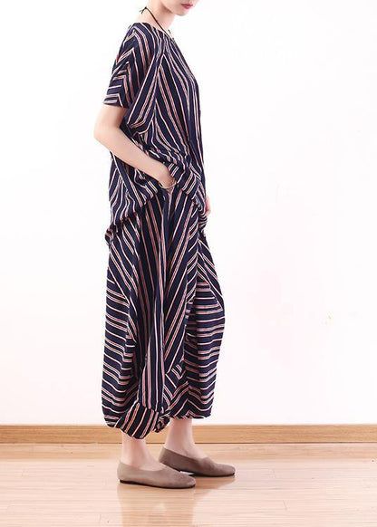 Summer New Red and Blue Striped Loose Large Size Bat Sleeve Shirt Bloomers Suit