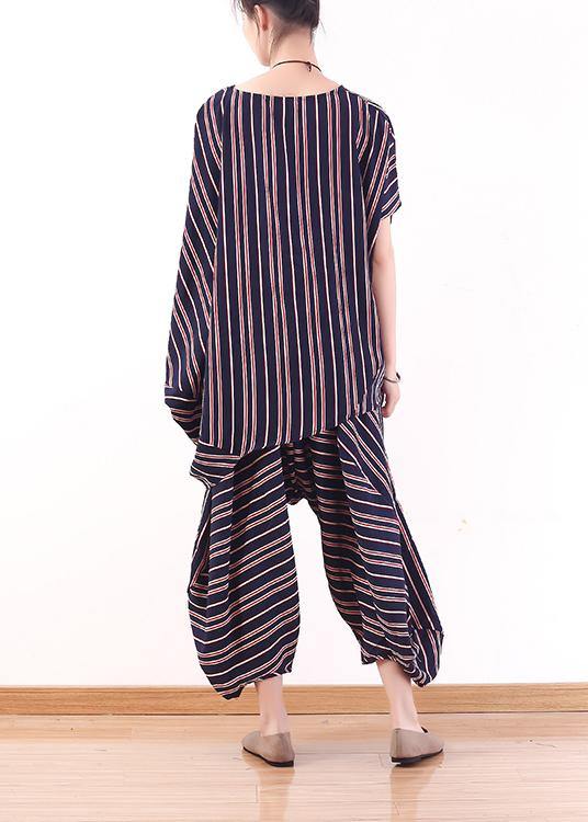 Summer New Red and Blue Striped Loose Large Size Bat Sleeve Shirt Bloomers Suit