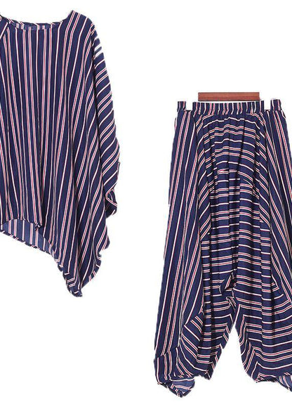 Summer New Red and Blue Striped Loose Large Size Bat Sleeve Shirt Bloomers Suit