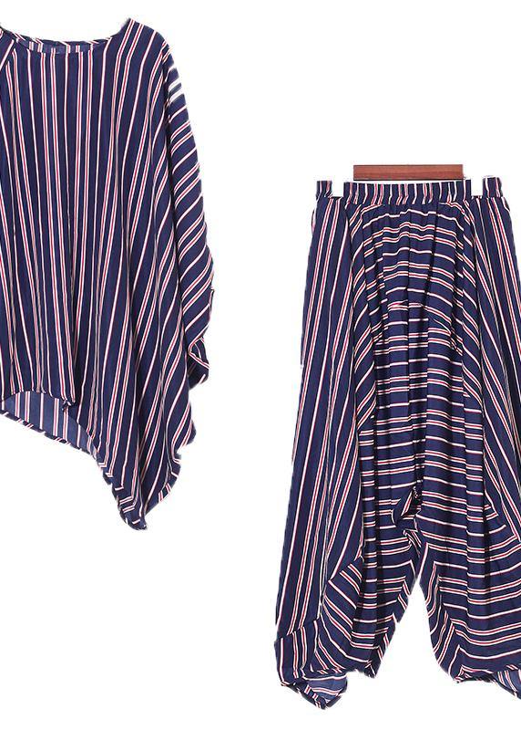 Summer New Red and Blue Striped Loose Large Size Bat Sleeve Shirt Bloomers Suit