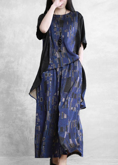 Summer New Stitching Suit Wide Irregular Blue Printing Two-piece