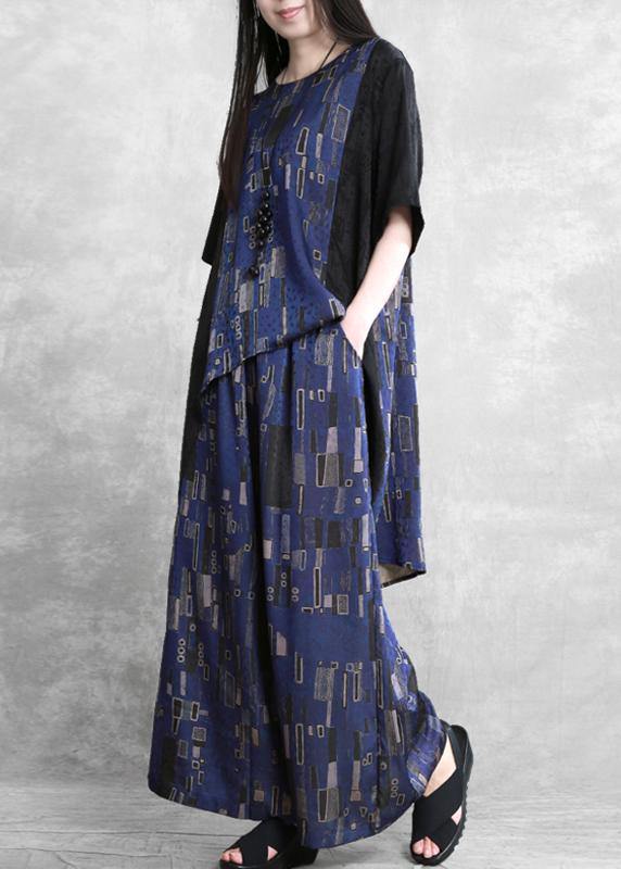 Summer New Stitching Suit Wide Irregular Blue Printing Two-piece