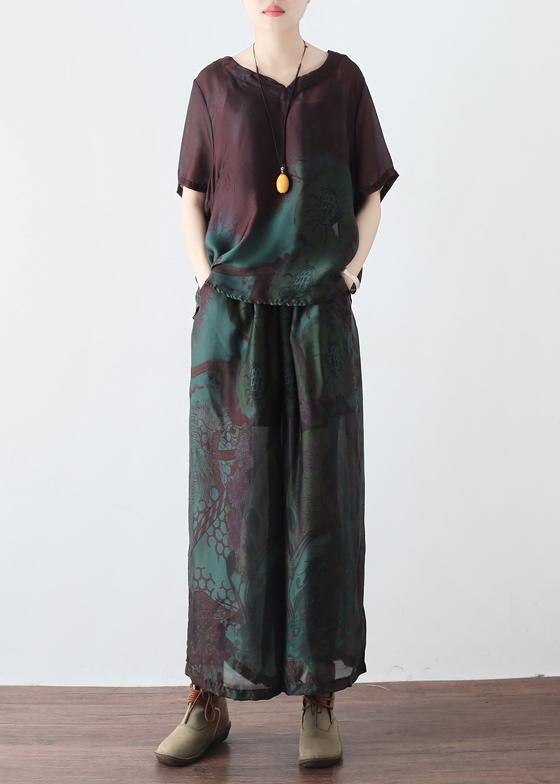 Summer New Retro Green Printed Chiffon Two-piece High-end Foreign Style Suit