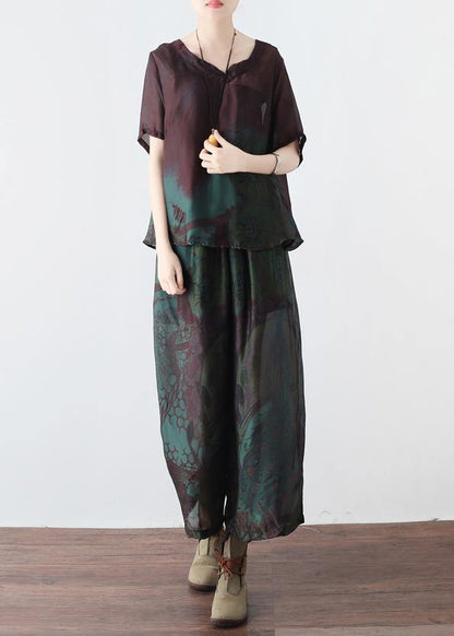 Summer New Retro Green Printed Chiffon Two-piece High-end Foreign Style Suit