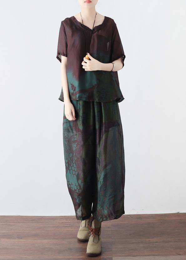 Summer New Retro Green Printed Chiffon Two-piece High-end Foreign Style Suit