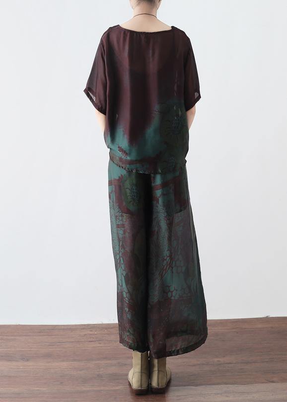 Summer New Retro Green Printed Chiffon Two-piece High-end Foreign Style Suit