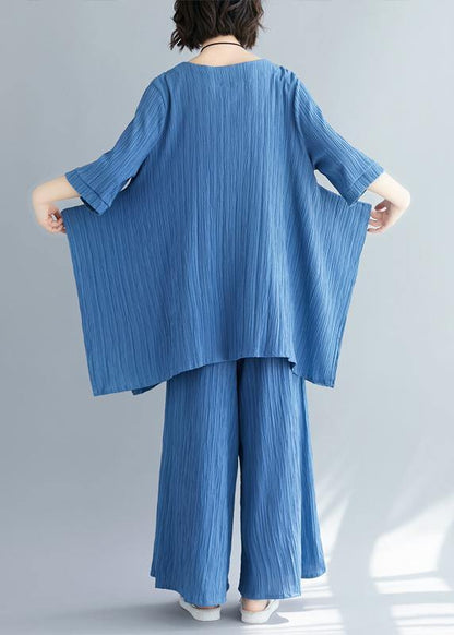 Summer New Color Retro Blue Jacquard Cotton Sleeves Shirt