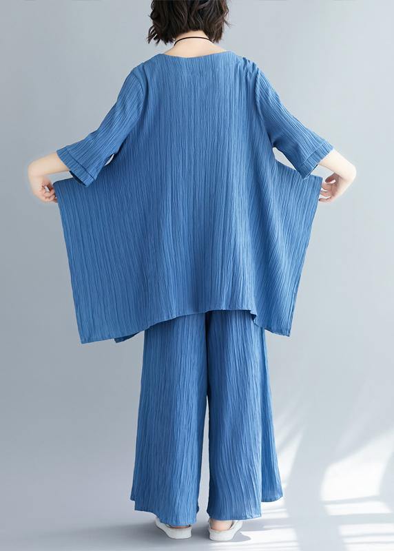 Summer New Color Retro Blue Jacquard Cotton Sleeves Shirt