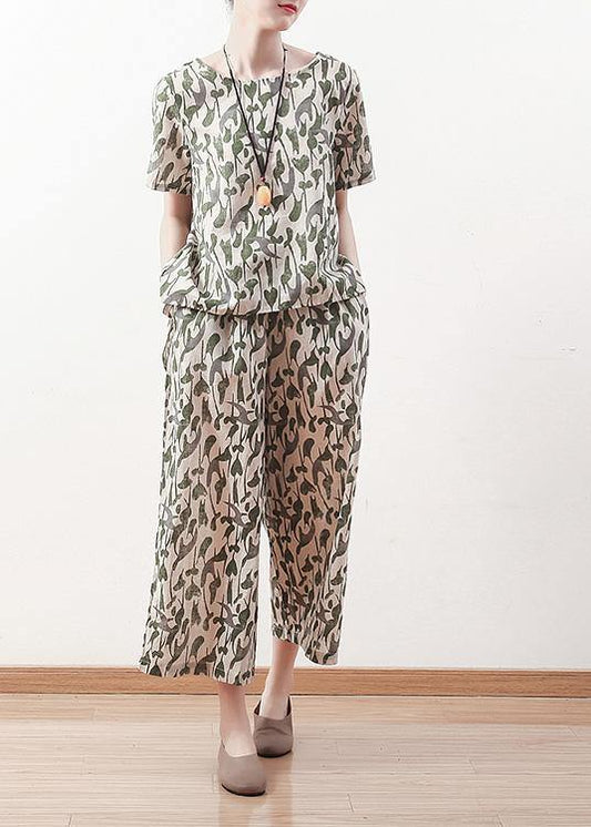 Summer Original Design Green Short Sleeve Prints Linen Print Shirt Pants Two Pieces