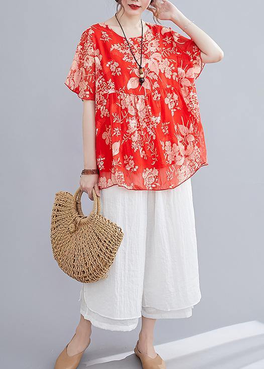 Summer Red Small Cotton and Linen Top + Wide-leg Pants Suit