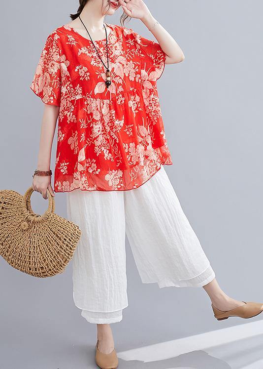 Summer Red Small Cotton and Linen Top + Wide-leg Pants Suit
