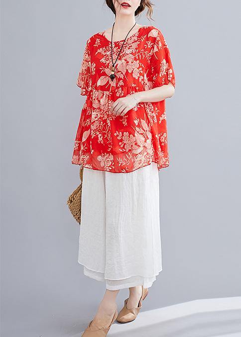 Summer Red Small Cotton and Linen Top + Wide-leg Pants Suit