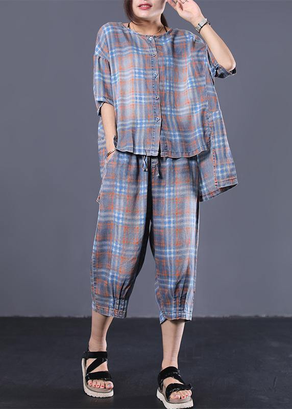 Summer Retro Plaid Shirt Denim Two Pieces