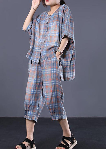 Summer Retro Plaid Shirt Denim Two Pieces
