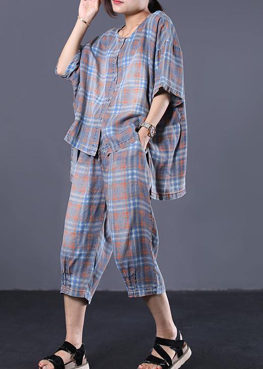 Summer Retro Plaid Shirt Denim Two Pieces