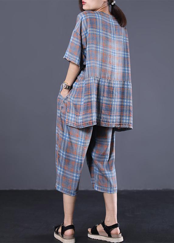 Summer Retro Plaid Shirt Denim Two Pieces