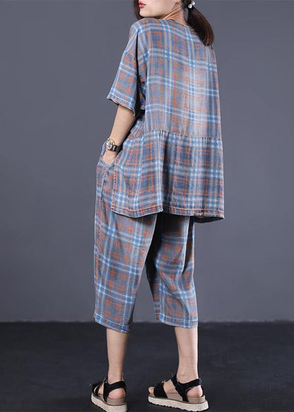 Summer Retro Plaid Shirt Denim Two Pieces