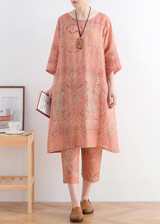 Summer Wear New Retro Ramie Abstract Print Dress Harem Pants Suit Two Pieces