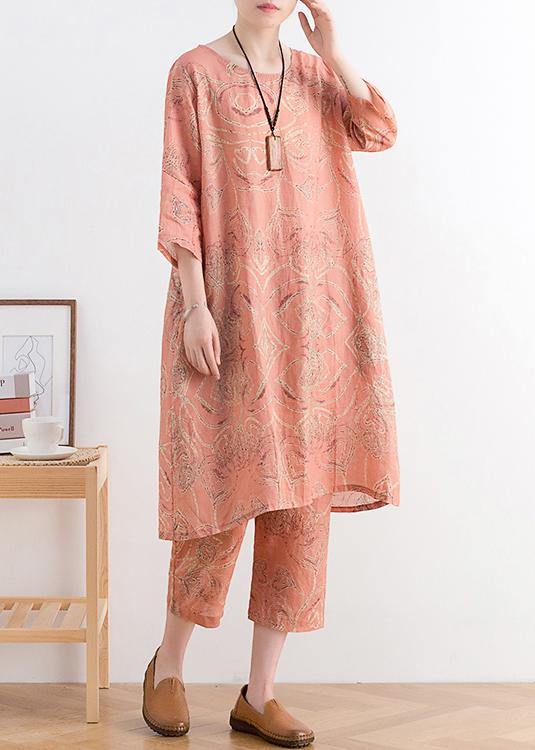 Summer Wear New Retro Ramie Abstract Print Dress Harem Pants Suit Two Pieces